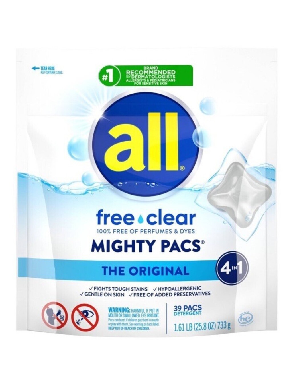 Lot of 2 Unscented Mighty Pacs Free Clear HE Laundry Detergent 39 Pods
